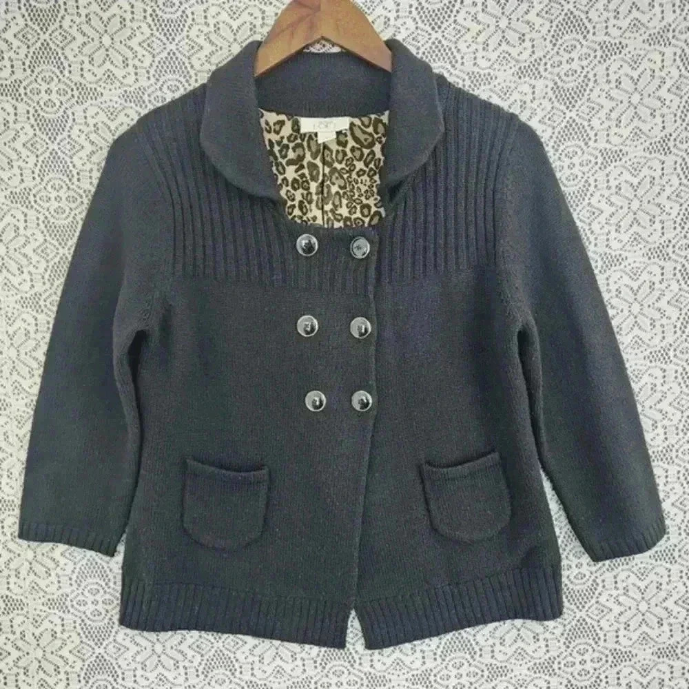 Loft Wool Blend Black Leopard Sweater Cardigan Women's S